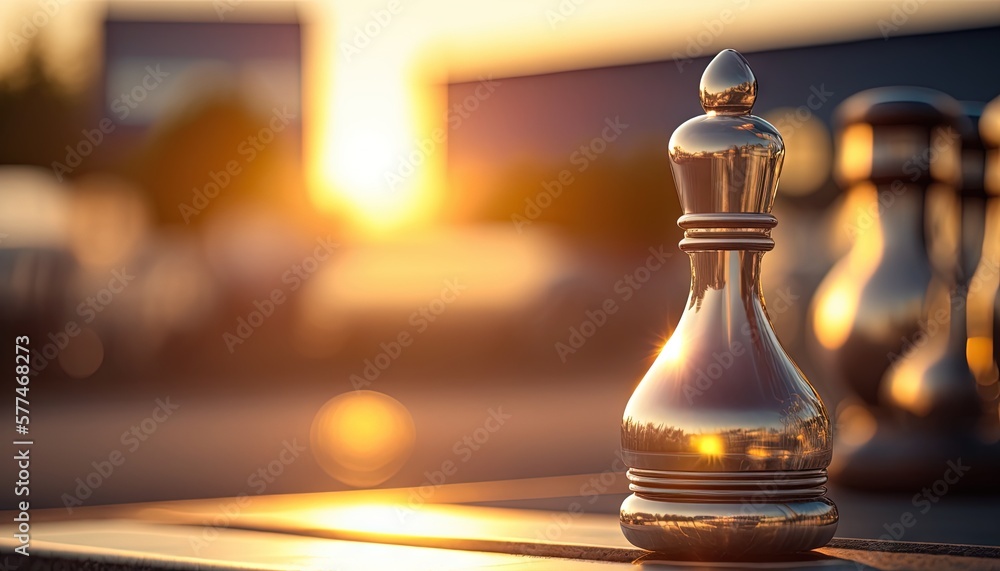 Poster a silver chess piece sitting on top of a wooden table next to a window sill with the sun setting in 