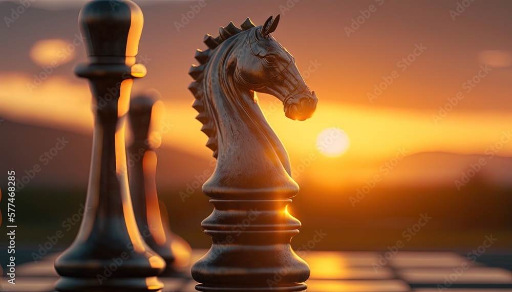 Poster a close up of a chess board with the sun setting behind the chess set and the horse head on the ches