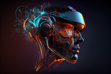 Homme avec lunettes de réalité virtuelle VR jouant à un jeu de réalité augmentée AR et divertissement, monde virtuel futuriste - Illustration générée par IA