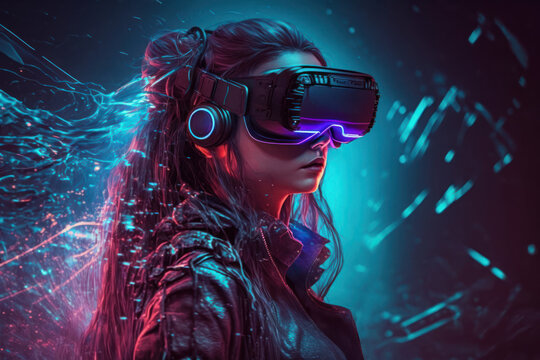Femme avec lunettes de r&eacute;alit&eacute; virtuelle VR jouant &agrave; un jeu de r&eacute;alit&eacute; augment&eacute;e AR et divertissement, monde virtuel futuriste