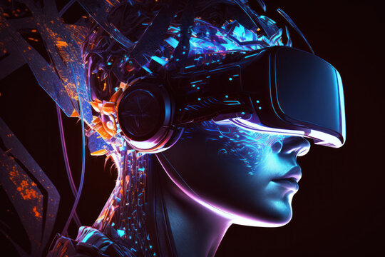 Homme avec lunettes de réalité virtuelle VR jouant à un jeu de réalité augmentée AR et divertissement, monde virtuel futuriste - Illustration générée par IA