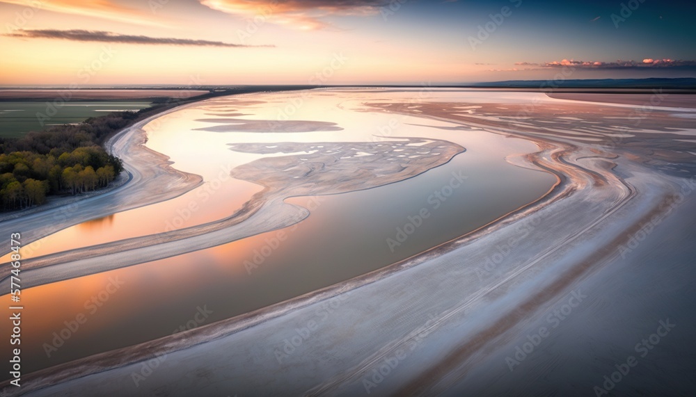 Poster a river with a sandy shore and a sunset in the background with a few clouds in the sky and a few tre