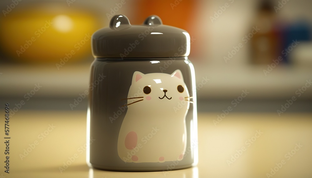 Poster  a small jar with a cat design on the front and a cat on the back of the jar on a table with a blurry background.  generative ai