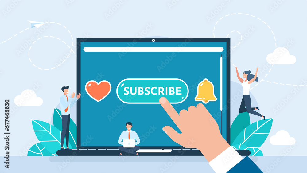 Poster the man clicks on the subscribe button. set icon button like, subscribe, bell notification. buttons 