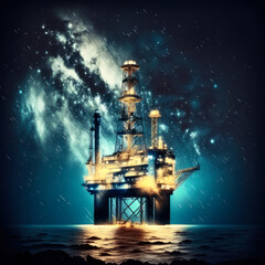 Oil rig at early morning. Offshore drilling rig extracting crude oil on the sea or ocean. Illustration for the power industry, petroleum engineering, technology, oilfield, AI generative