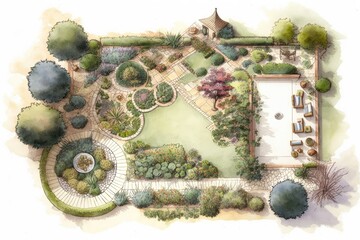 Aerial view of a square garden design. Generative AI