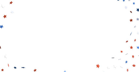 Red white blue shiny confetti stars on white background, isolate, tricolor concept,