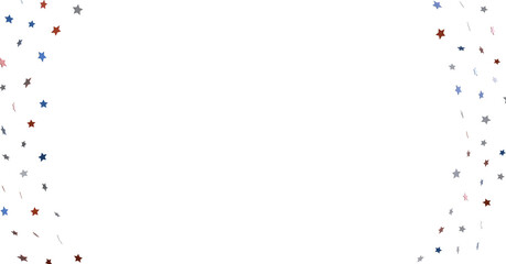 Red white blue shiny confetti stars on white background, isolate, tricolor concept,