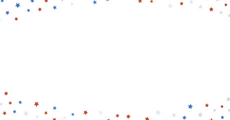 Red white blue shiny confetti stars on white background, isolate, tricolor concept,