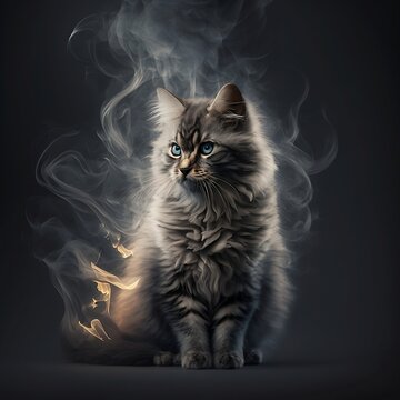Cat in the smoke Cat in smoke on a dark background. Pet. Smoke and cat. Cat in dima with fire. Generative AI.