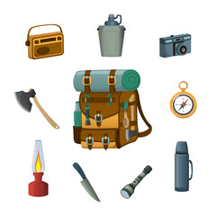 Set of backpacking essentials. Contents of the hiking backpack. Things for camping, hiking, travel. Vector illustration. Cartoon