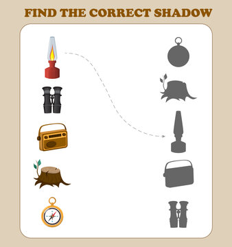 Developmental game for kids find the right shadow or silhouette. Printable worksheet. Fun task with camping elements - benockle, radio, stump, kerosene lamp, compass.
