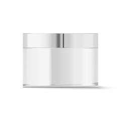 Round white plastic jar with metal lid for 
cosmetics - body cream, butter, scrub, bath salt, gel, 
skin care, powder