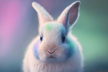 Fluffy Easter Bunny in colored spots on a gradient background. AI generated.