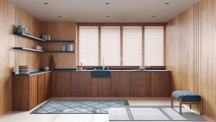 Japandi wooden kitchen in blue tones. Cabinets and shelves, sink and appliances. Marble tiles floor...