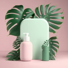 mockup scene with monstera leaves  and plant for make up, skin care and beauty set, pastel soft colors, ggenerative ai illustration
