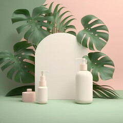 mockup scene with monstera leaves  and plant for make up, skin care and beauty set, pastel soft colors, ggenerative ai illustration