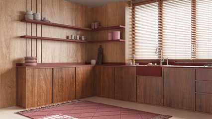 Obraz na płótnie Canvas Modern wooden kitchen in red and beige tones. Cabinets, sink and shelves. Window with blinds and marble tiles floor. Minimalist interior design