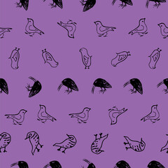Obraz premium Black and Purple Organized Cartoon Birds Seamless Pattern