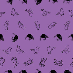 Black and Purple Organized Cartoon Birds Seamless Pattern