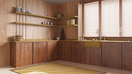 Fototapeta na wymiar Modern wooden kitchen in yellow and beige tones. Cabinets, sink and shelves. Window with blinds and marble tiles floor. Minimalist interior design