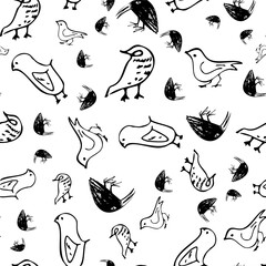 Black and White Cartoon Birds Seamless Pattern