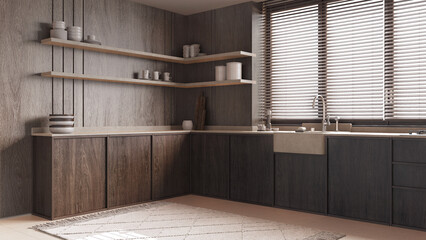 Modern dark wooden kitchen in white and beige tones. Cabinets, sink and shelves. Window with blinds and marble tiles floor. Minimalist interior design