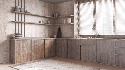 Modern bleached wooden kitchen in white and beige tones. Cabinets, sink and shelves. Window with blinds and marble tiles floor. Minimalist interior design