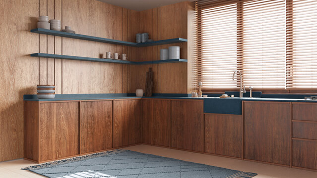 Modern wooden kitchen in blue and beige tones. Cabinets, sink and shelves. Window with blinds and marble tiles floor. Minimalist interior design