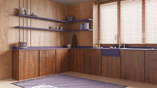 Modern wooden kitchen in purple and beige tones. Cabinets, sink and shelves. Window with blinds and marble tiles floor. Minimalist interior design