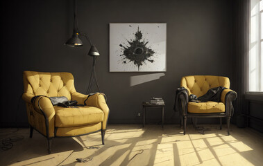 Yellow armchair in room. Home interior of apartment with furniture. Generative AI.