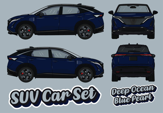 Black and white vector car drawing. EPS File. SUV, EV drawing. SUV Cars set. Color named "Deep Ocean Blue"