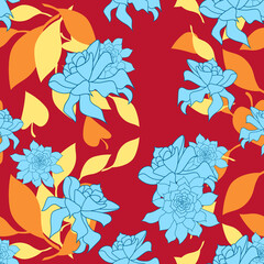 Fototapeta na wymiar Red Blue Scattered Flowers Seamless Pattern
