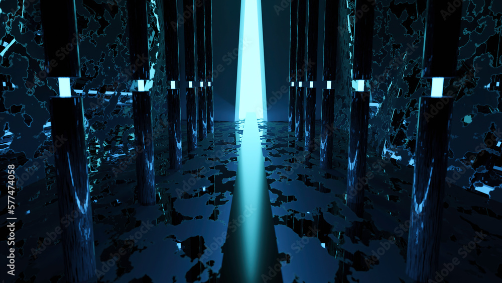 Poster futuristic 3d corridor with pillars and light. design. light pole at end of tunnel in futuristic pla