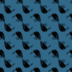 Black and Blue Cartoon Birds Seamless Pattern