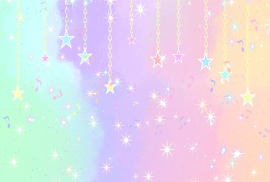 ゆめかわ水彩キラキラ星のガーランドと音符の可愛いポストカード　ゆるふわカワイイ星と音符のデザイン背景壁紙　