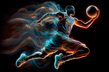 Fototapeta Basketball player with bright glowing abstract lines. Generative ai obraz