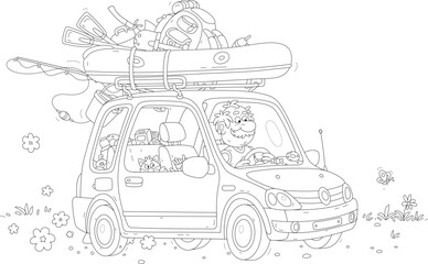Experienced fisherman with his funny cat going fishing in a small car with an inflatable boat, a tourist backpack and a tent on a trunk, black and white vector cartoon illustration