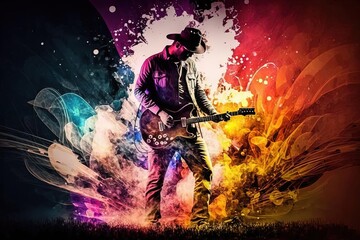Naklejka na ściany i meble Dramatic Cowboy Guitarist in Grass with Explosive Colors , Generated AI