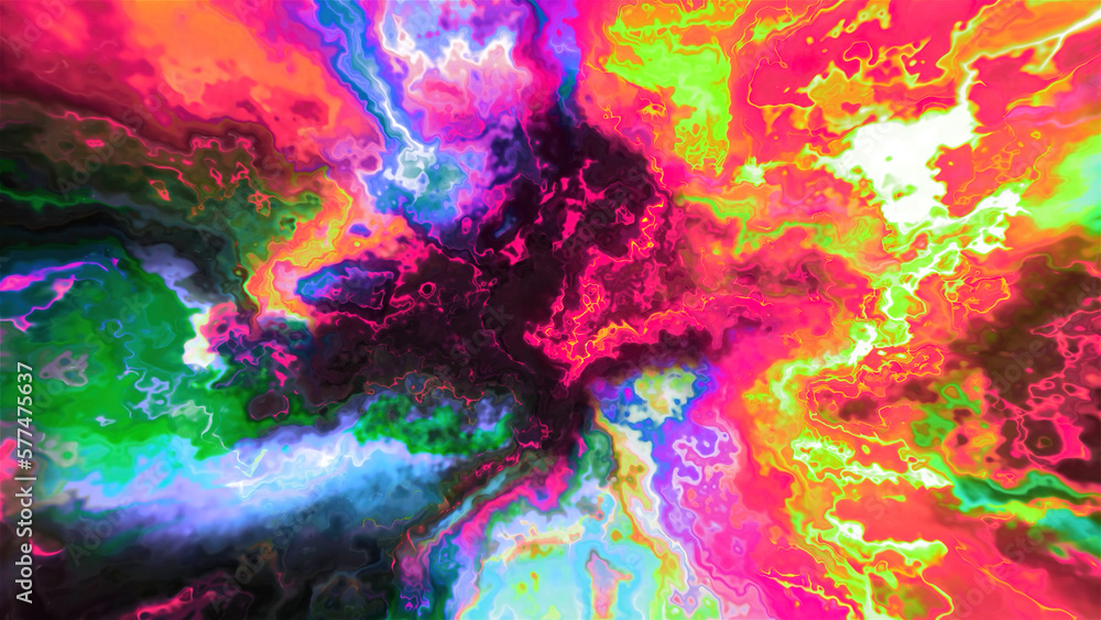 Poster Bright colorful spots with flashing streams. Motion. Bright psychedelic streams of colorful spots. Energetic colorful spots flash with streams of colors