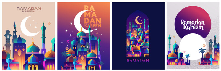 Obraz na płótnie Canvas Ramadan Kareem Geometric style colorful greeting card or banner vector illustration of a lantern Fanus. the Muslim feast of the holy month of Ramadan Kareem. Translation Arabic: Generous Ramadan