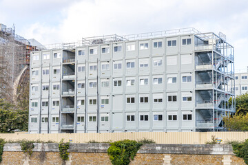 Prefabricated office for Notre-Dame de Paris workers during the reconstruction and renovation of the Cathedral after the 2019 fire