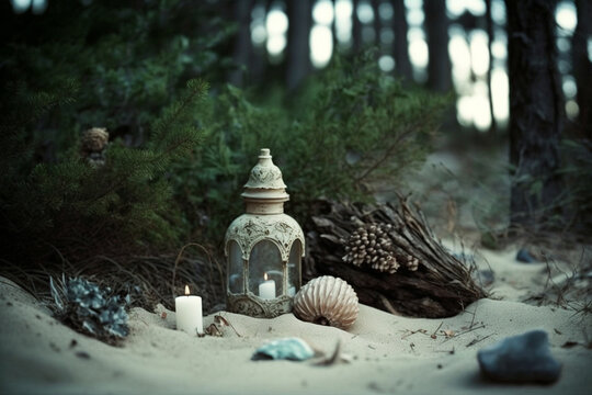 Psychic Waves | forest next beach, with candles and spiritual  objects. the combination of spiritual objects and the natural background could create harmonious image that inspires inner peace. Ai