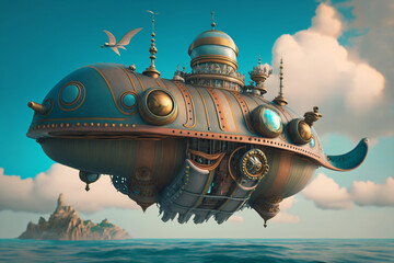 Fototapeta na wymiar Concept of a large flying machine sailing in the sea in steampunk style generated by AI, digital art.
