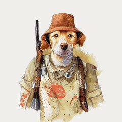 Hunting dog with hunting rifle on its back. - obrazy, fototapety, plakaty