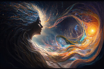 dramatic image captures essence of psychic waves, incorporating elements of color, and movement. focus on abstract woman with mystical and spiritual quality that evokes sense of wonder and awe. Ai
