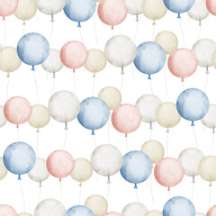 Seamless watercolor Pattern with Air Balloons in cute pastel pink and blue colors. Hand drawn illustration on isolated background for happy birthday party celebration. Ornament for wrapping paper