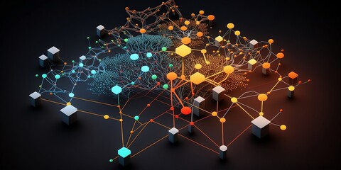 A graphic depiction of how different nodes on a decentralized network interact with each other through a blockchain. Generative AI.