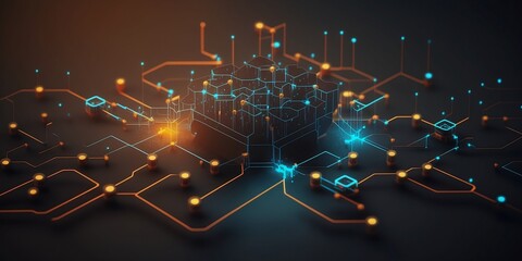An illustration of a decentralized network with multiple nodes connected through blockchain technology. Generative AI.