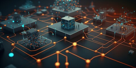 An illustration of a decentralized network with multiple nodes connected through blockchain technology. Generative AI.